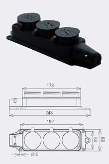 Колодка каучук 3 гнезда евро 16А IP44 SQ0612-0008