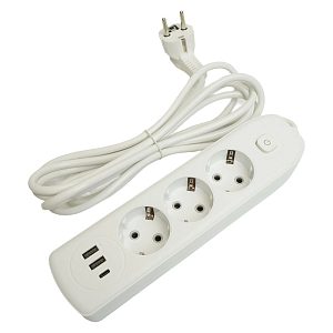 Удлинитель с заземлением 3 гнезда 3м евро ПВС 2USB+1Type-C белый 49977 — фото в Интердекор