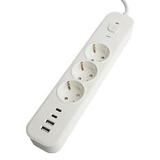 Фильтр сетевой с заземлением евро 3 гнезда 1,8м ПВС 3х1мм2 с выключателем 4USB белый 50099