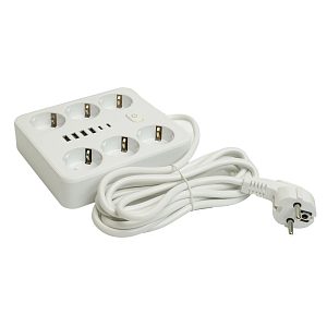 Удлинитель с заземлением 6 гнезд 3м евро ПВС 4USB+2Type-C белый 49982 — фото в Интердекор
