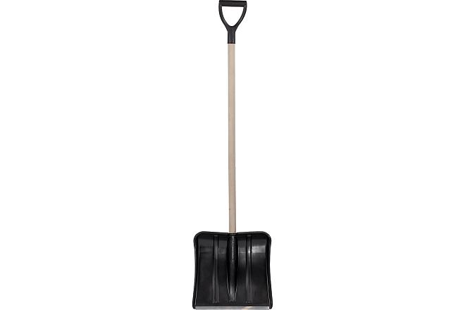 Лопата для уборки снега пластиковая с планкой Витязь с деревянным черенком 380*365