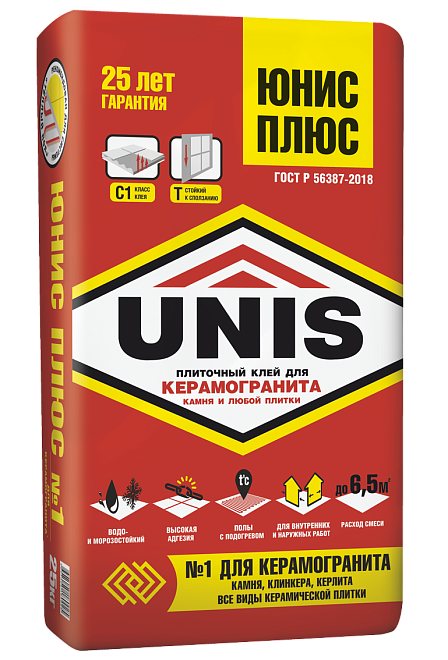 Клей для керамической плитки Юнис Плюс красный 25кг /48/
