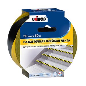 Лента разметочная Unibob 50мм/50м желто-черная 215005 /24/ — фото в Интердекор