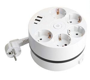 Удлинитель-рулетка с заземлением 5 гнезд 2,5м ПВС 3х1мм2 3USB белый 49591 — фото в Интердекор