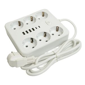 Удлинитель с заземлением 6 гнезд 1,8м евро ПВС 4USB+2Type-C белый 49975 — фото в Интердекор