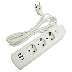 Удлинитель с заземлением 3 гнезда 1,8м евро ПВС 2USB+1Type-C белый 49970